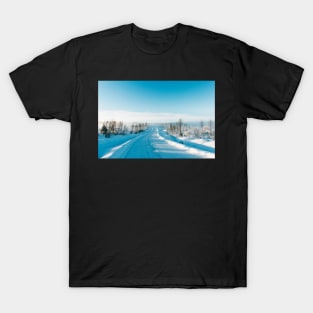 Blue Scandinavian Winter Landscape With Mysterious Fog on Sunny Cold Day T-Shirt